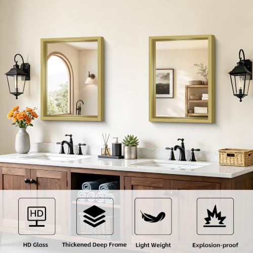 Image of Bathroom Mirror, 18 x 24 inch Natural Wood Grain Colored Aluminum Metal Frame Bathroom Vanity Mirror, Rectangle Wall Mirror for Bedroom Living Room, Tempered Glass, Horizontal or Vertical