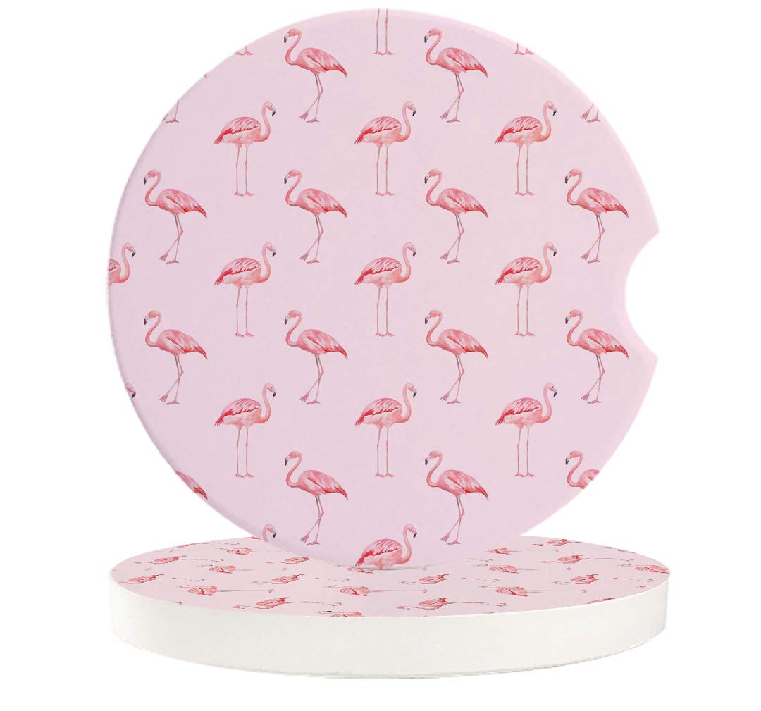 AolaAbsorbent Car Coasters for Cup Holders Pink Flamingos, Small 2.56inch Ceramic Stone Drink Coaster for Women Men, Romantic Summer Set of 2 Pack