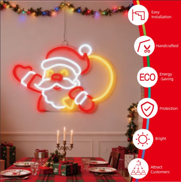 Image of 20-40 Inches Custom Santa Claus Neon Sign, Personalized Christmas Window Lights Neon Christmas Decorations for Window Bedroom Bar Coffee Shop Indoor Business