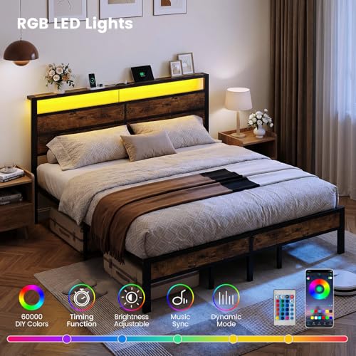 Image of King Size Bed Frame with LED Lights and Charging Station | Brown Metal Platform Bed, Wood Headboard, Sturdy Slats, No Box Spring Needed, Noise Free, Easy Assembly