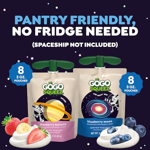 Image of GoGo SqueeZ Low Fat YogurtZ Space Discovery Variety Pack, Strawberry Banana and Blueberry Moon 3 oz Pouches (Pack of 16), Kids Snacks Made from Real Yogurt and Fruit, Gluten Free, Nut Free, Recloseable Cap, BPA Free