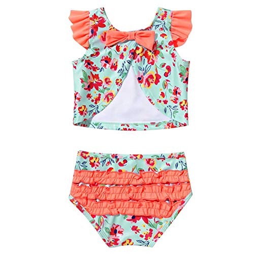 Yeahdor Infant Baby Girls 2 Pcs Beach Tankini Set Flower Printed V Back Top with Brief Bathing Suit Orange 3-6 Months