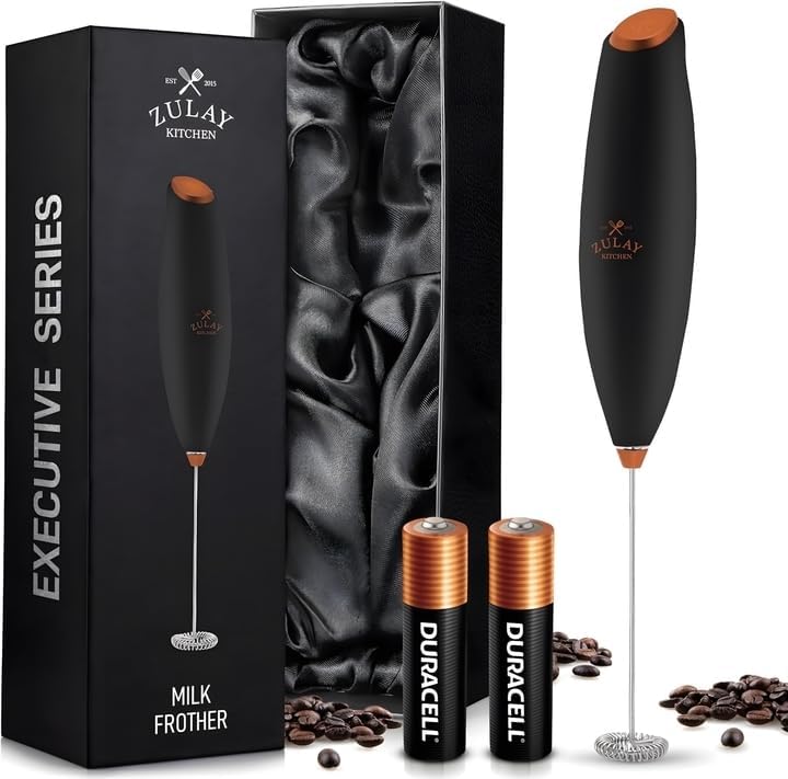 Zulay Milk Frother Wand – Handheld Electric Coffee Frother, Battery Operated Drink Mixer – 13,000 RPM Titanium Motor, Detachable Whisk, Easy Clean Foam Maker for Latte & Matcha – Exec Black n Copper