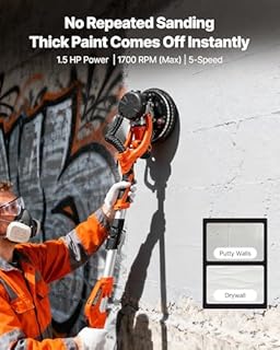 VEVOR Levigatrice Cartongesso per Muro con Asta a Disco, Levigatrice per Cartongesso Elettrica da 1150 W, Utensili per Levigatura Soffitti Pareti 5 Velocità 800-1700 giri/min con 15 Dischi Abrasivi