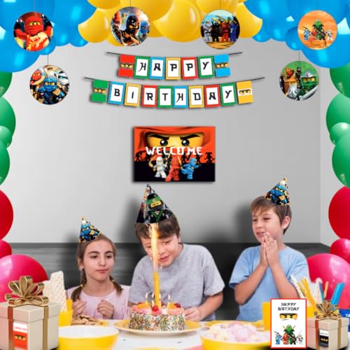 Image of PRETTY UR PARTY Ninjago Party decorations Kit - 80 pcs Includes Banner, Balloons, Thank You, Centerpiece, Danglers, Warrior Ninja Party Supplies, DIY Happy Birthday Decoration Kit for Kids, Gamer