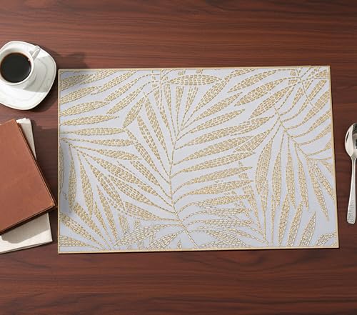 Image of Yellow Weaves 4 Pcs PVC Table Placemats, Dining Table Mat, Stain Resistant, Anti-Skid, Waterproof, Washable, Dining, Kitchen, Restaurant Table Set Easy to Clean, Durable (Fern Leaf Golden)