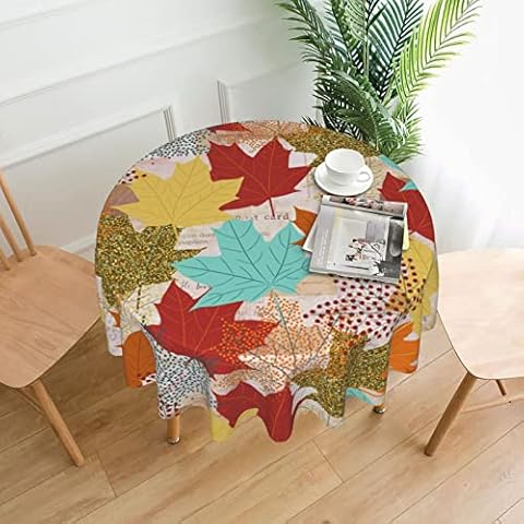 Vintage Letter Leafs Texture Tablecloth Round Washable Table Cover for Kitchen Dining Picnic Party Indoor Outdoor Table Mats 60 Inch Cover