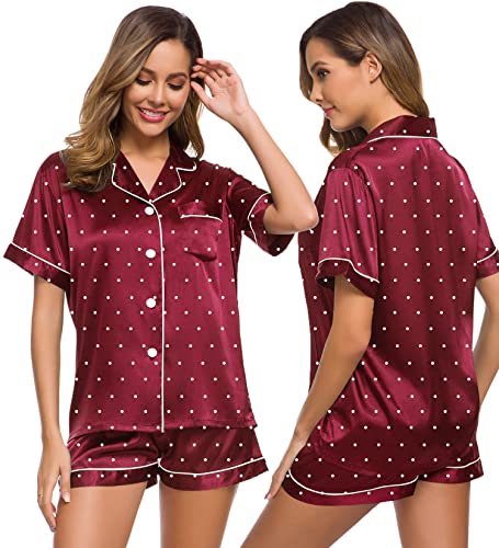 Image of SWOMOG Womens Pajamas Set Silk Satin Sleepwear Short Sleeve Nightwear Button Down Pj Lounge