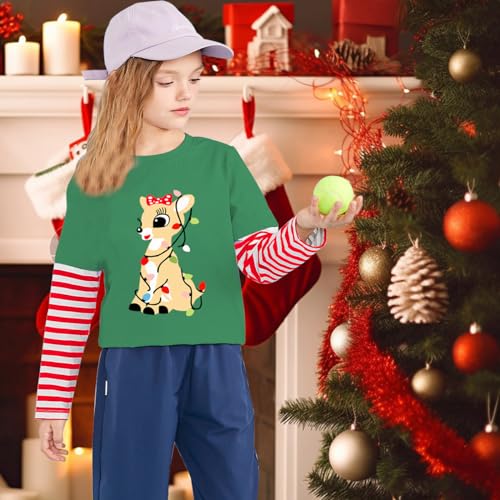 Toddler Girl Christmas T-Shirt Kid Xmas Ugly Reindeer Santa Claus Snowman Shirt Long Sleeve Strip Patchwork Cooton Tee Top3