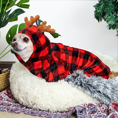 JVVGPET Pijama de Natal para cães pequenos, chifres com capuz, fantasia de cachorro de Natal, moleto