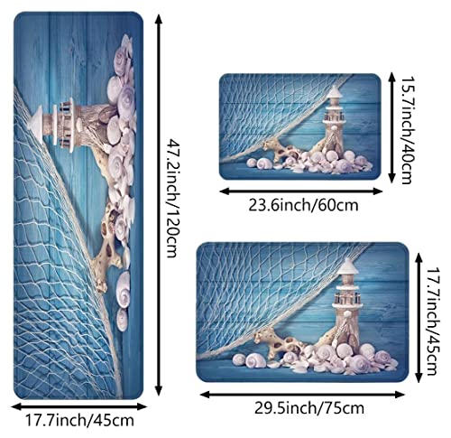 Lighthouse Kitchen Rug Sets 3 Piece Seashell Fishing Net Starfish Ocean Beach Nautical Coastal Farmhouse Marine Blue Floor Mats Washable Doormat Anti Fatigue Non-Slip Bedroom Runner Rugs Area Carpet #TOP2
