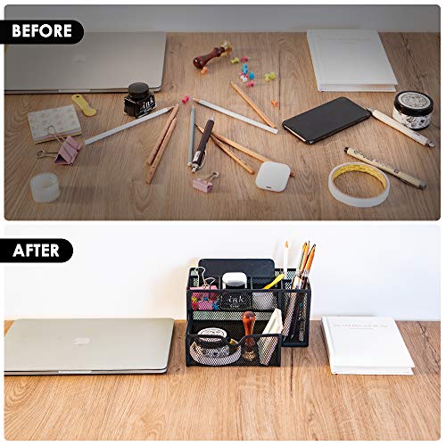 ARCOBIS Black Mesh Desk Organizer Office Supplies Multi-Functional Desktop Pen Holder Organizer with 6 Compartments and 1 Large Storage Drawer for Office, Home, School, Classroom