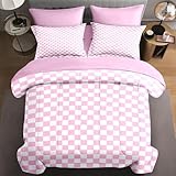 Plaid Checkerboard Grid Geometric Bean Pink Quilt Comforter Set 5 Pcs Twin Size, Checkered Modern Abstract Soft Bedding Set with Flat and Fitted Sheet Pillowcases Sham for Adults Bedroom Bed Decor
