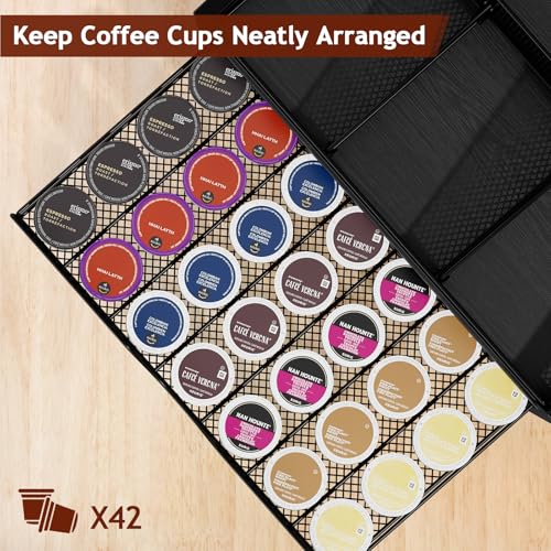 Image of Homsorout Coffee Bar Organizer - Coffee Station for Countertop, Metal and Wood K Cup holder Storage Basket with Drawer for Syrup, Cups, Stirrer, Condiment, Tea Organizer, Black