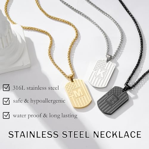 Bellino Initial A-Z Letter Necklace for Men Boys Kids Teen, Stainless Steel American Flag Dog Tag Pendent Chain Jewelry Birthday Gifts for him boyfriend husband dad 24Inches4