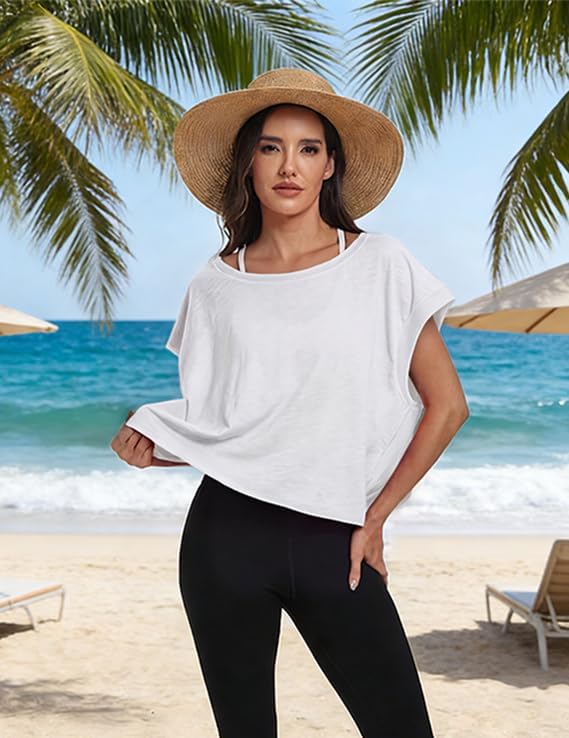 denking Women Open Back Workout Tops 100% Cotton Loose Fit Short Sleeve Yoga Shirts, Breathable Oversized Gym Tee