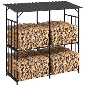 Outsunny Houtschuur van verzinkt staal met 2 niveaus, houten schuur voor buiten met schuin dak, houtverwarmingsschuur, houtopslag voor buiten, 186 x 75 x 185 cm, zwart