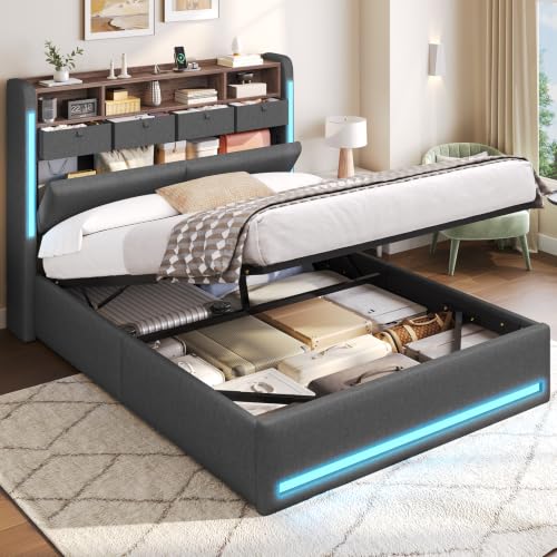 Image of AOGLLATI Ottoman Bed Double with Storage and Led Lights,135x190CM,Dark Grey
