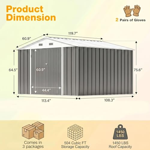 Image of Devoko 10x10 FT Outdoor Storage Shed with Floor Frame, Metal Tool Shed with Slooping Roof, Heavy Duty Large Shed for Garden Backyard Patio(Gray)