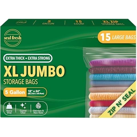 Seal Fresh 5 Gallon Large Plastic Storage Bags – 18" x 24" (15 Count) – Reusuable XXL Extra Large Heavy Duty Clear Jumbo Freezer Zip Lock Bags with Sealable Zipper Top For Clothes, Travel, Moving Cover