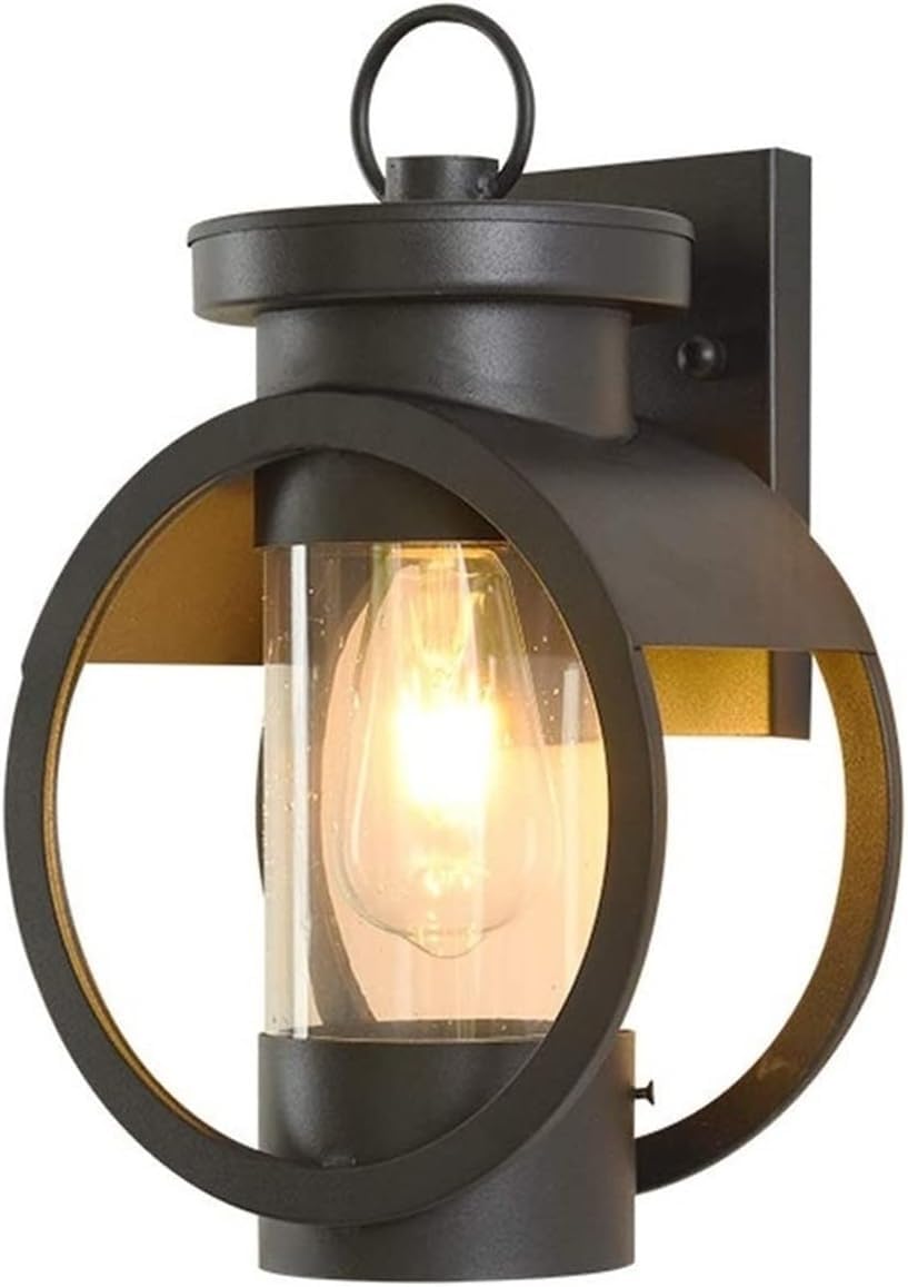 noxozoqm Black Round Hollow Glass Lantern Wall Light Retro Wrought Iron Outdoor Sconce IP54 Waterproof Rust Villa Balcony E27