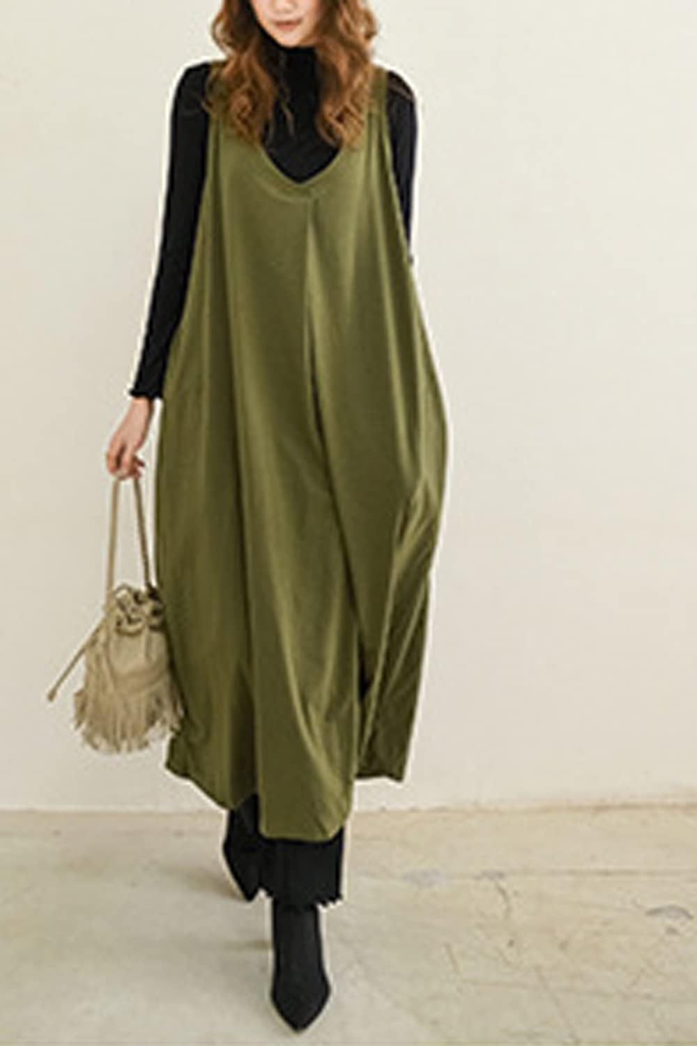 [コブユヒ] ワンピース レディース Vネック サロペット スウェットジャンパースカート ポンチVネック 無地 フレアワンピース ジャンパースカート ノースリーブ バックスリット レイヤード ミモレ丈 ロング丈 パーティー 通勤 二次会 結婚式 春夏秋冬