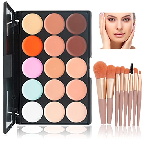 WishesMar Palette Correcteur de Teint 15 Couleur Makeup Concealer Correcteur Anti Cernes avec 10 pièces Pinceau de Maquillage pour un Usage Professionnel et...