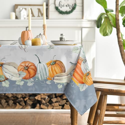 Horaldaily FALL-TABLECLOTH-150213-023 Fall Tablecloth 60X84 Inch Rectangular, Thanksgiving Autumn Harvest Orange Watercolor Pumpkins Blue Table Cover thumb #2