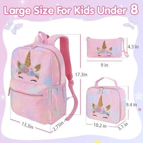 Cokouchyi 3 Pcs Kids Backpack Set with Lunch Box & Pencil Case, Lightweight Preschool Backpack for Girls Age 3-8, Kids Book bag Elementary, Unicorn2
