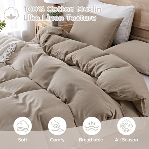 Image of TOCOMOA Muslin Duvet Cover 100% Cotton Like Linen Texture Breathable Soft Comfy 3-Piece Taupe Comforter Cover Bedding Set (King 104 inchx90 inch, Comforter Not Included)