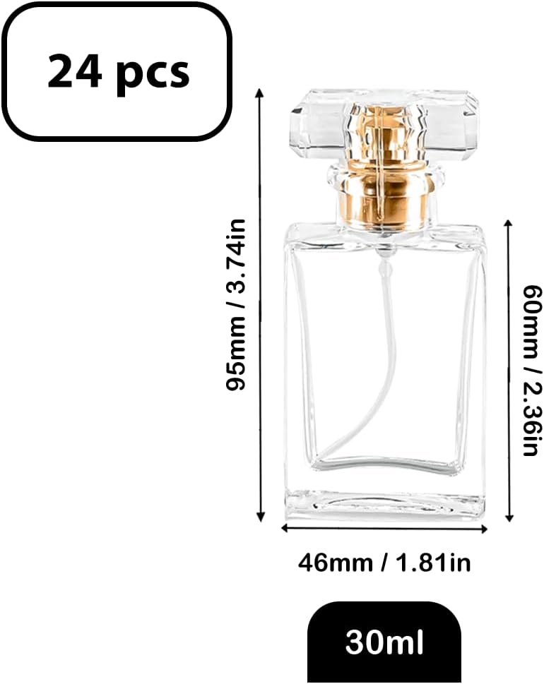 Empty Perfume Bottle Refillable 24PCS 30ml Glass Clear Travel Spray Atomizer Bottle Container Perfume Fine Mist Spray Pump Bottle Dispenser for Essential Oil Liquid (Square 30ml-24PCS)