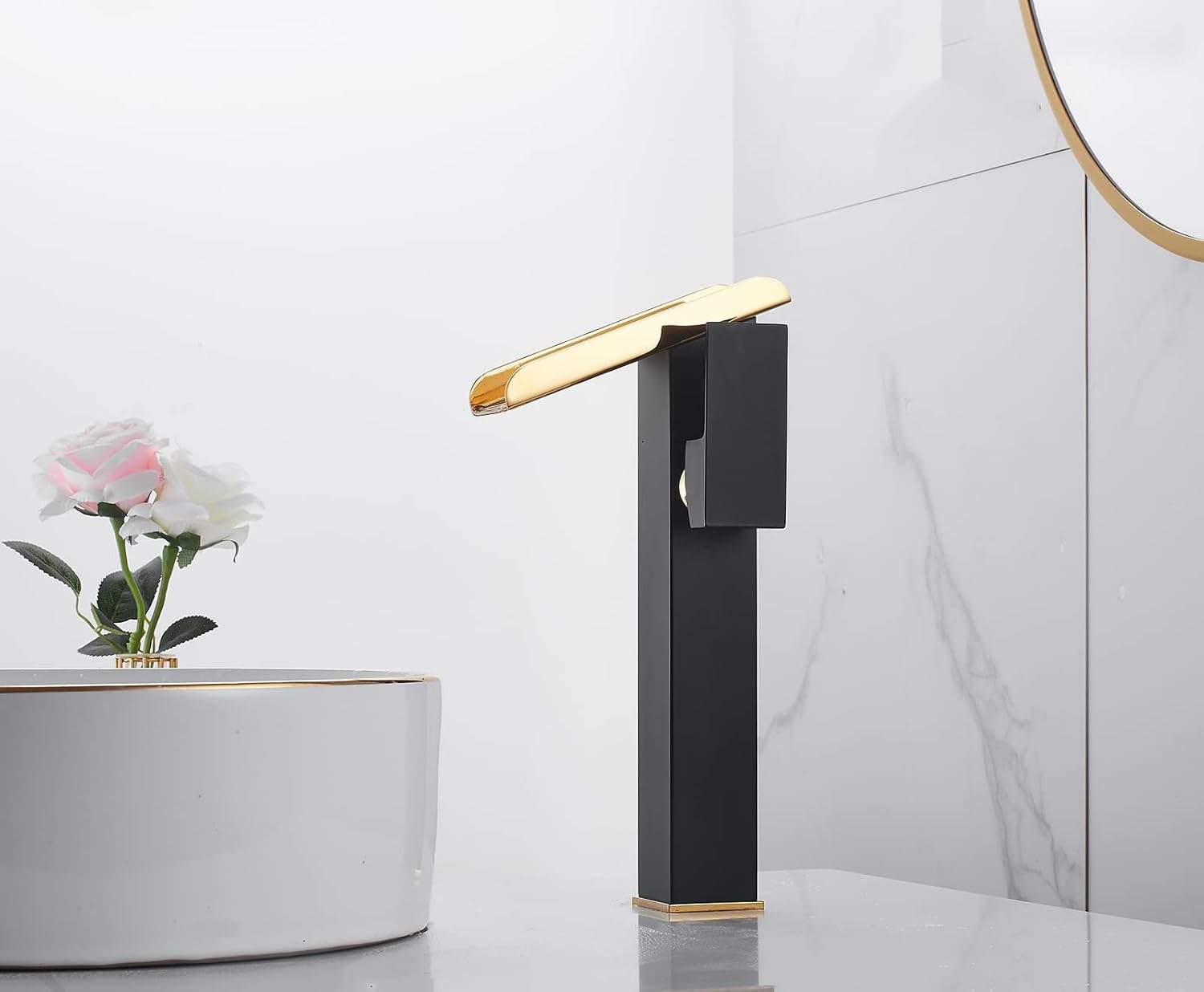 Bathroom Vessel Sink Faucet Black&Gold Waterfall Single Handle 1 Hole Matching Bathroom Pop Up Drain Without Overflow Lavatory Vanity Basin Tap Deck Mount Farmhouse Bowl Sink Bath Faucets Commercial