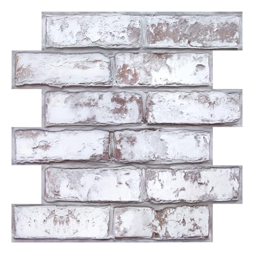 Commomy 3D Brick Wallpaper Tiles - 10 pcs 11.8x 11.8 Faux Brick Wall Panels PVC Stick on Tiles Whitewash Brick Self Adhesive Wall Tiles for Kitchen,Bathroom,Bedroom, Living Room,Fireplace