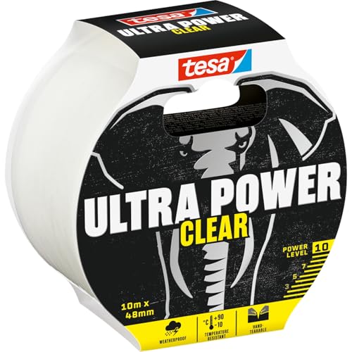tesa Ultra Power Clear Super Duct Tape - Transparent Repair Tape for Invisible Repairs - Weather Resistant and Hand-tearable - 10 m x 48 mm
