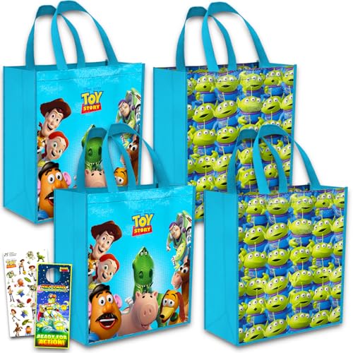 Disney Pixar Toy Story Reusable Tote Bags Set - Bundle of 4 Reusable Grocery Bags, Stickers, and More | Toy Story Large Bags