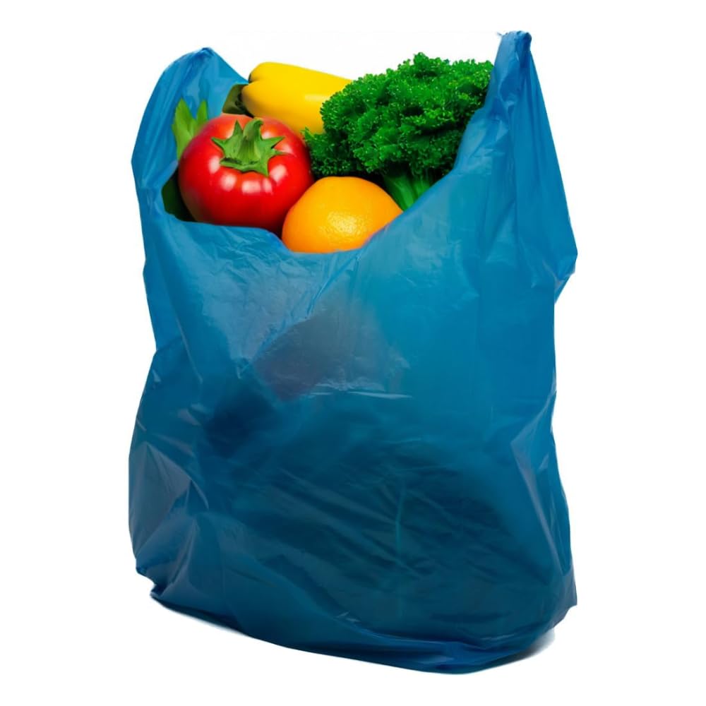 Clearly Pack of Recycled 100 Blue Plastic Carrier Bags, 11x17x21", Reusable with Handles, 19MU OUSE Vest Style Shopping for Food, Clothes, Shopping, Books and More (1000)