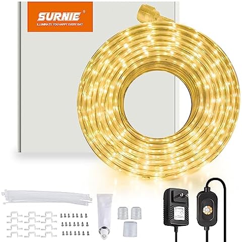 SURNIE LED Rope Lights Outdoor Waterproof - 50ft 3000K Soft White Strip Light 12V Low Voltage Flat Flexible Cuttable Outside Indoor Decorative Ceiling Lights for Bedroom Patio Camping Deck Landscape Cover