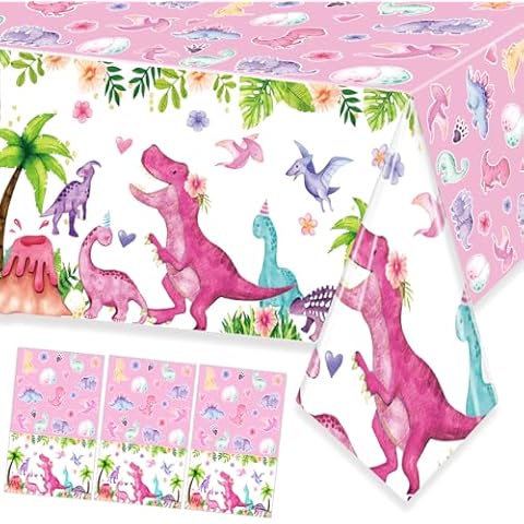 BIGKEOKI Watercolor Dinosaur Party Table Cloth Pink Dinosaur Birthday Tablecover Tablecloth T-Rex Dinosaur Party Supplies Decorations for Baby Girls 1st 2nd 3rd 10th Dino Bday Decor (3ps) Cover