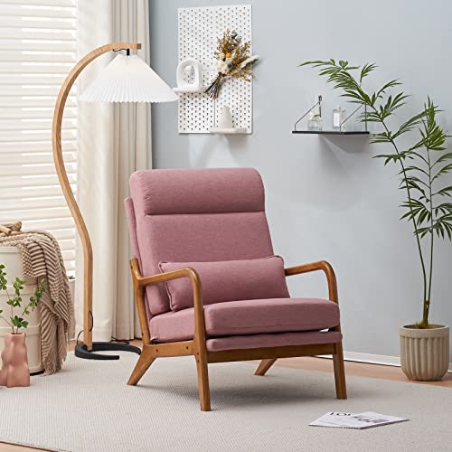 Karl Home Accent Chair Mid-Century Modern Chair With Pillow High Back Upholstered Lounge Arm Chair With Solid Wood Frame & Soft Cushion For Living Room, Bedroom, Belcony, Pink #TOP3