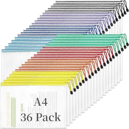 36 Pack A4 Mesh Zipper Pouch Bags, 13″ x 9.4″ Waterproof Plastic Zipper Pouches in 12 Colors, Multipurpose Clear Bags for Travel Storage, School Supplies, Office Appliances and Home Organization
