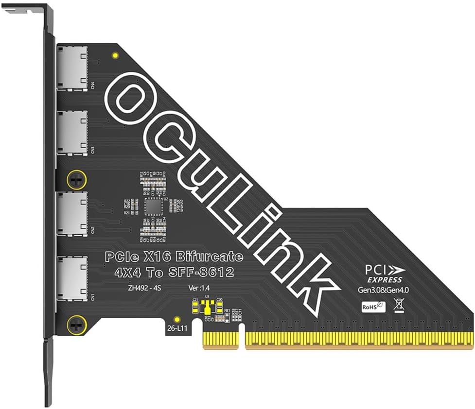 JMT PCIe 4.0 X16 to 4-Port OCuLink SFF-8611/SFF-8612 Expansion Card, PCIe Bifurcation 4x4x4x4 Adapter 64Gbps Compatible with External NVMe SSD Enclosure, NAS, Server, eGPU