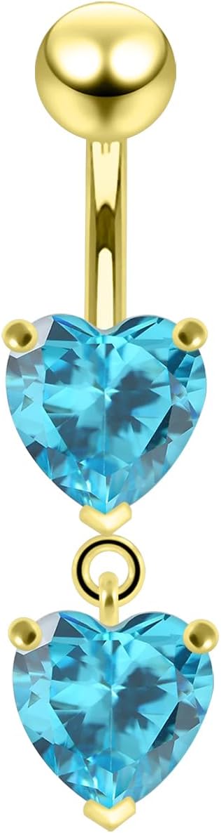 Cz Gemstones Gold Plated Double 6mm Heart Gems Dangling Design 925 Sterling Silver with Stainless Steel Belly Ring - Belly Button jewelry - Navel jewelry