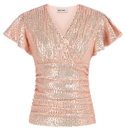 Image of GRACE KARIN Women's Blouses & Shirts Winter Short Sleeve Tops Sequin Party Dinner Shirt Pink-Gold XXL Size 20