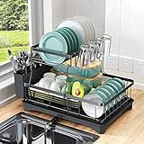 Dish Drying Rack, Dish Rack for Kitchen Counter, 2-Tier Dish Drainer with Glass Holder and Utensil...