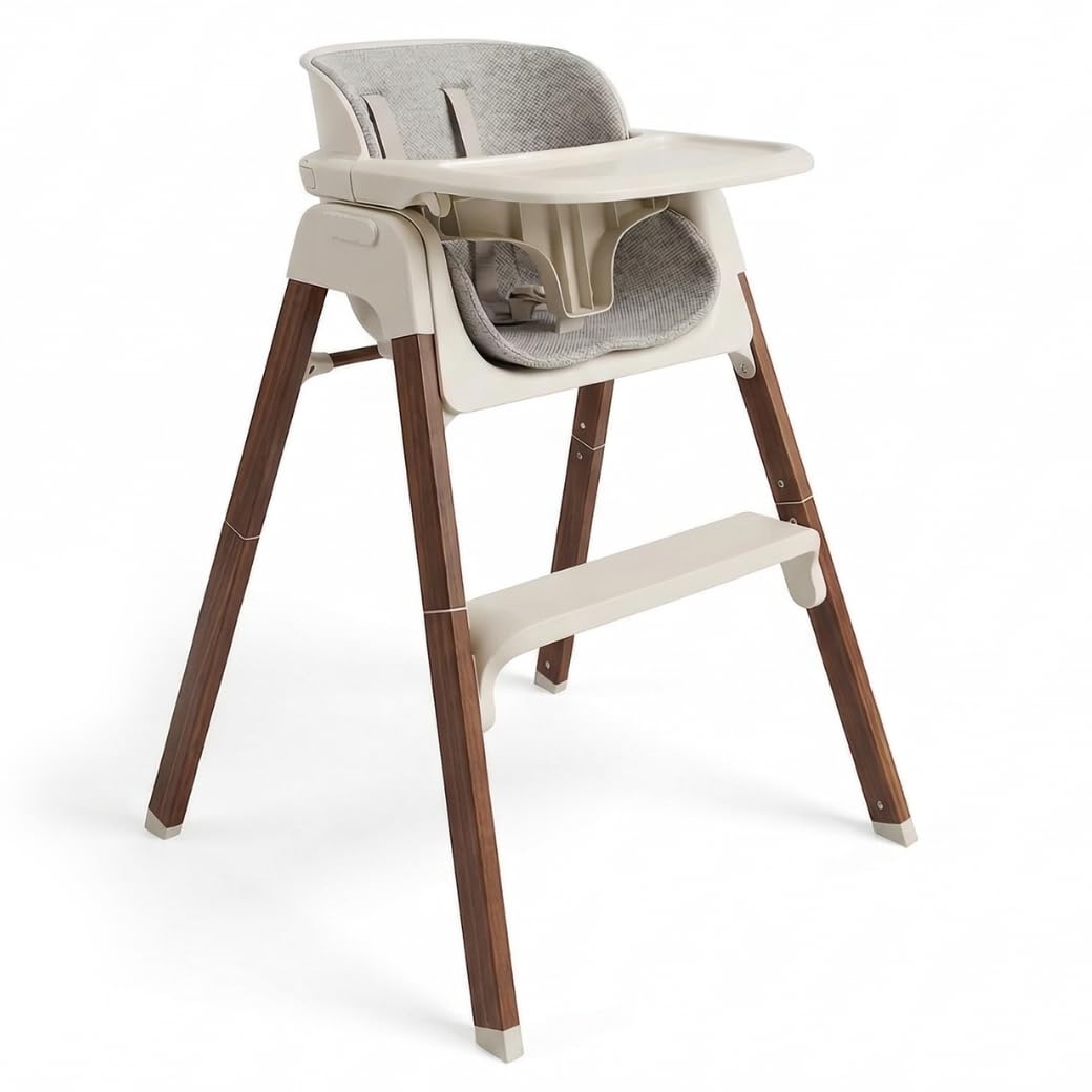 Venture Neyo 2-in-1 Foldable High Chair for Baby and Toddler, Convertible Baby Highchair with Wood Effect Legs, Removable Tray & Cushion, 5 Point Harness, Compact Folding (Beige) - 1