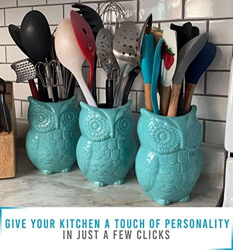 Owl Utensil Holder by Comfify - Decorative Ceramic Cookware Crock & Organizer, in Lovely Aqua Blue Color - Utensil Caddy and Perfect Kitchen Ceramic Décor Gift - 12.7 x 17.8 x 10.2 cm Size
