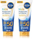 NIVEA SUN Kids Protección Solar UV Diaria SPF 50+ - Crema Solar para Niños para Rostro y Cuerpo - Extra Resistente al Agua y al Sudor - Pantenol, Vitaminas C & E - Sin Perfume - Piel Sensible - 100 ml