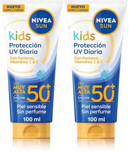 NIVEA SUN Kids Protección Solar UV Diaria SPF 50+ - Crema Solar para Niños para Rostro y Cuerpo - Extra Resistente al Agua y al Sudor - Pantenol, Vitaminas C & E - Sin Perfume - Piel Sensible - 100 ml