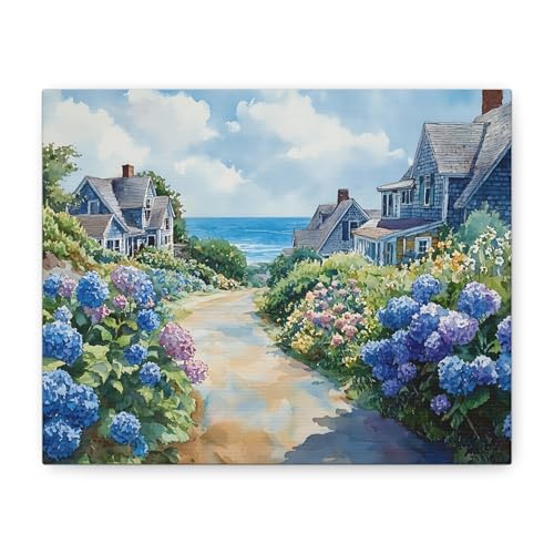 Cape Cod Coastal Canvas with Hydrangeas Cottages and Ocean View