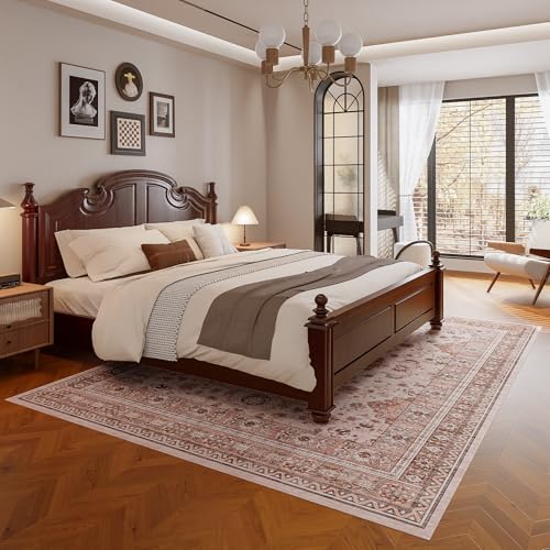 Vintage 9x12 Washable Area Rug, Low-Profile Large Area Rug with Non-Slip Backing & Durable Edge Binding, Pet-Friendly Carpet, Large Rug for Living Room, Bedroom & Dinning Room